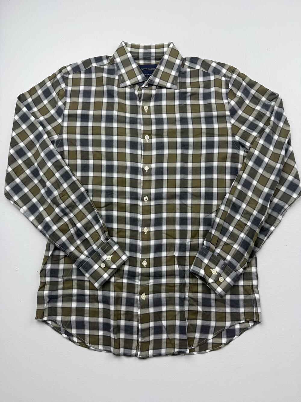 Scott Barber Shirt Mens Medium Green Plaid Long Sleeve Cotton Button Up Casual